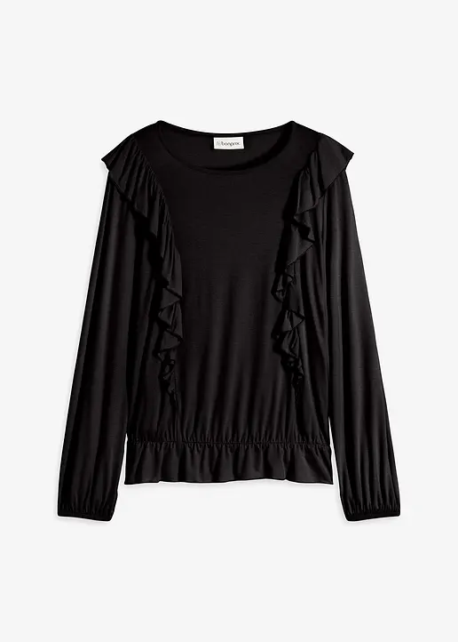 Shirtbluse mit Volants in schwarz von vorne - bonprix