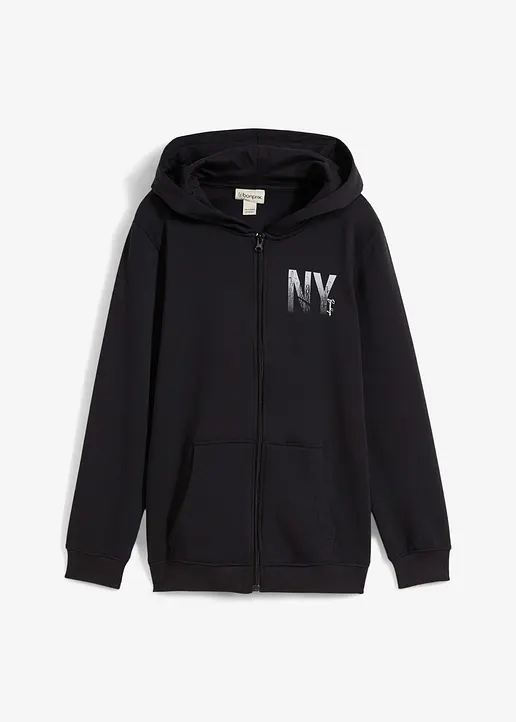 Kapuzen-Sweatjacke aus weichem Baumwoll-Mix in schwarz von vorne - bonprix
