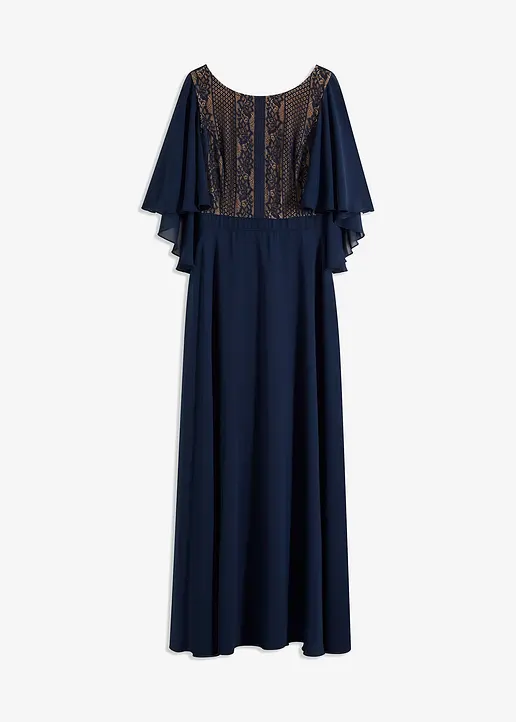 Chiffonkleid mit Spitze und Cape in blau von vorne - bonprix