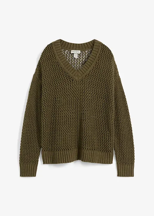 Ajour-Pullover aus leichtem Leinen-Mix in grün von vorne - bonprix