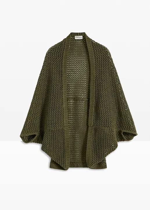 Ajourstrick-Poncho mit Leinenanteil in grün von vorne - bonprix
