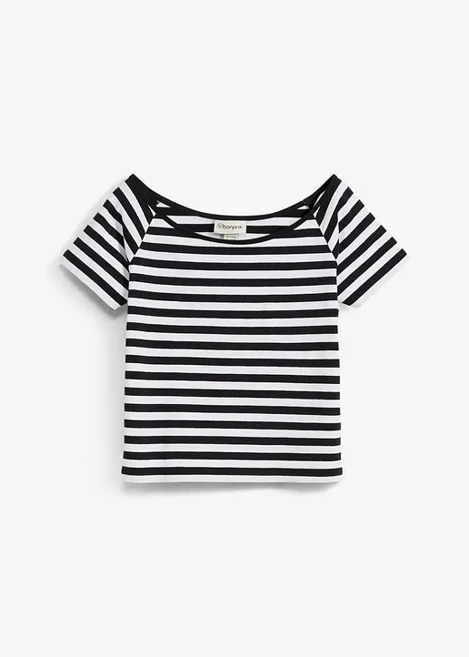 T-Shirt aus elastischem Bio-Baumwoll-Mix in schwarz von vorne - bonprix