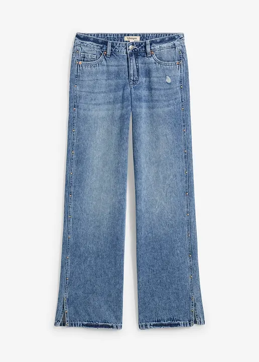Loose Straight-Jeans Mid Waist, Low Stretch in blau von vorne - bonprix