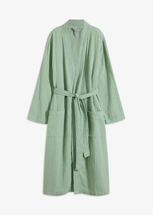 Morgenmantel aus Musselin, oversized in grün von vorne - bonprix
