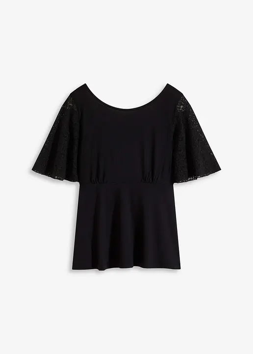 Shirt mit Spitzenärmeln in schwarz von vorne - bonprix