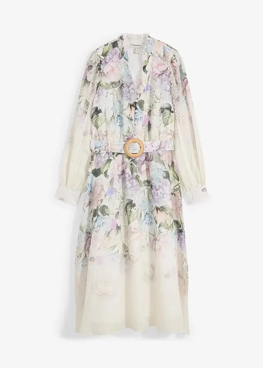 Midikleid aus Ramie (2 tlg.Set mit Gürtel) in lila von vorne - bonprix