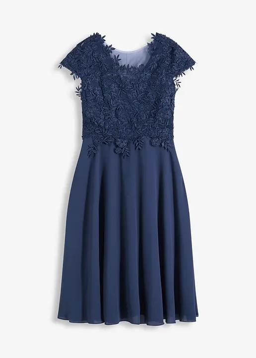 Midikleid aus zartem Tüll mit Spitze in blau von vorne - bonprix