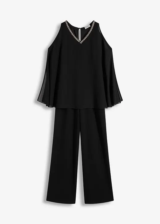 Overall mit Überwurf und Strasssteinverzierung in schwarz von vorne - bonprix