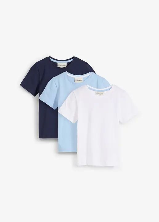 T-Shirt (3er Pack) aus reiner Baumwolle in blau von vorne - bonprix