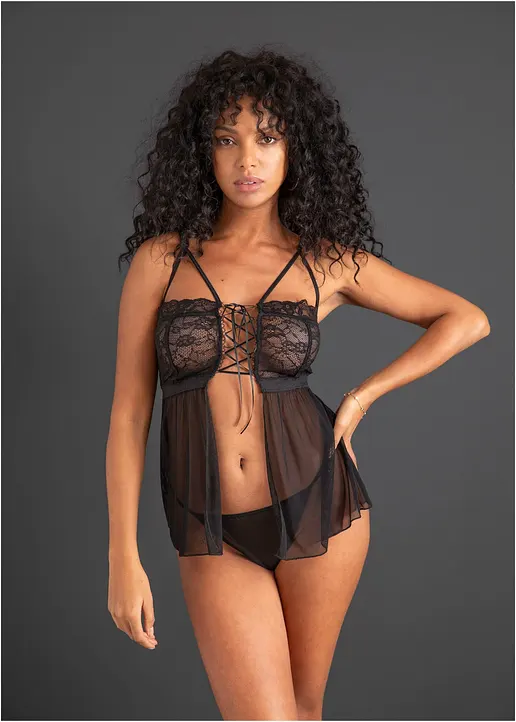 Babydoll und String (2-tlg.Set) in schwarz von vorne (Totalaufnahme) - VENUS