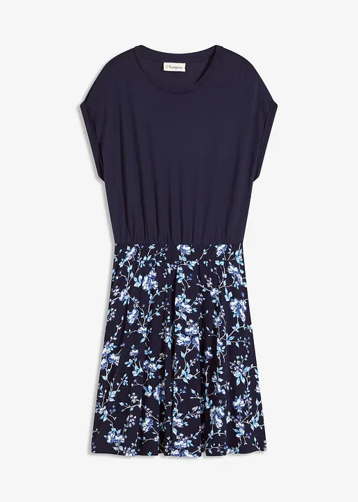 Jerseykleid mit bedrucktem Rock in blau von vorne - bonprix