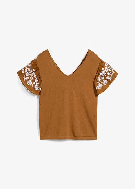 Stricktop mit Seidenanteil und Chiffonärmeln in braun von vorne - bonprix
