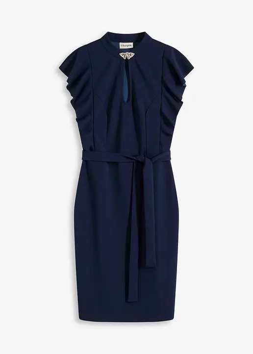 Etuikleid mit Accessoire-Verschluss am Ausschnitt in blau von vorne - bonprix