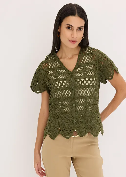 Crochet Kurzjacke in grün von vorne (im Anschnitt) - bonprix