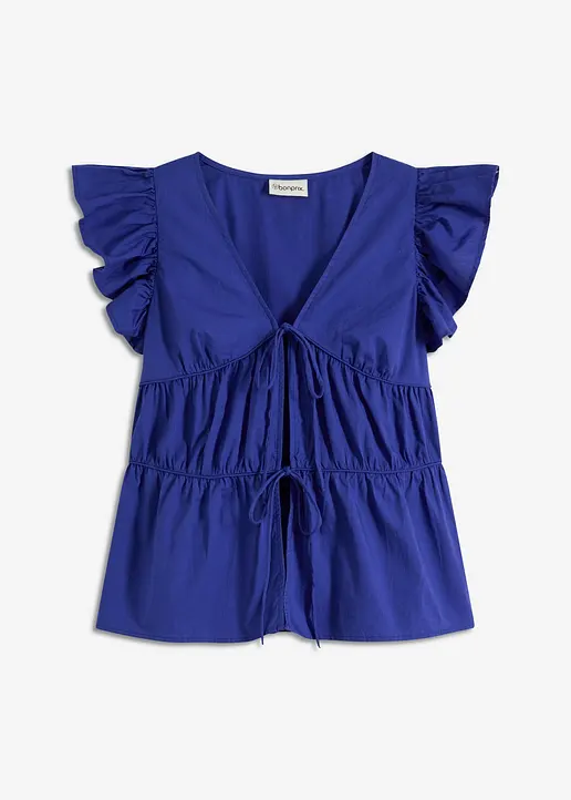 Bluse mit Bindebändern aus reiner Baumwolle in blau von vorne - bonprix