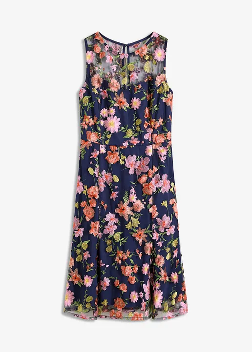 Midikleid mit floraler Stickerei in blau von vorne - bonprix