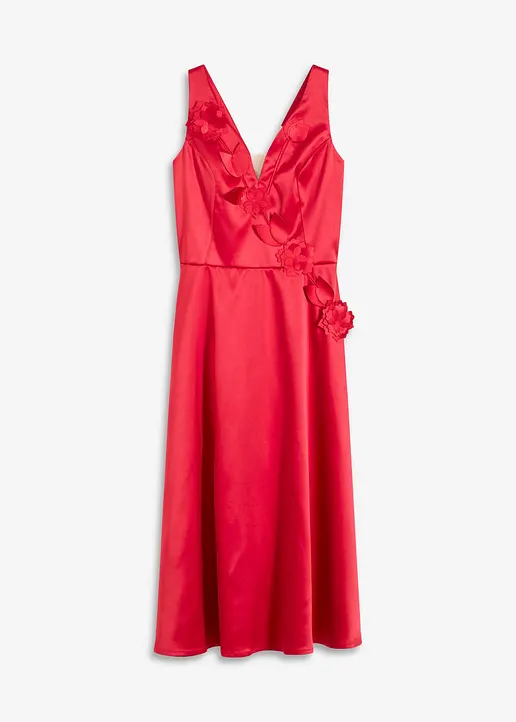 Midikleid aus glänzendem Satin mit Blumen-Applikation in rot von vorne - bonprix