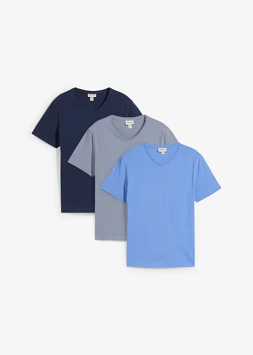 T-Shirt mit V-Ausschnitt (3er Pack) in blau von vorne - bonprix
