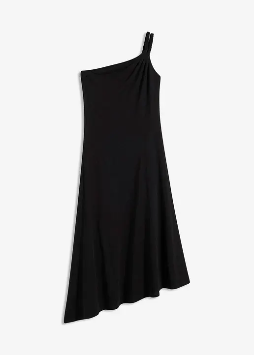 Jerseykleid mit asymmetrischem Saum und Knotendetail auf der Schulter aus Baumwolle in schwarz von vorne - bonprix