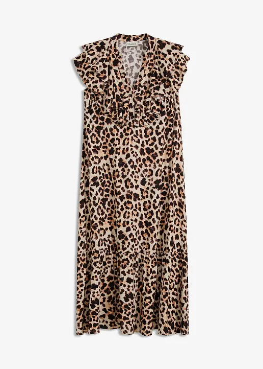 Midikleid mit Volants aus strukturiertem Crêpe in beige von vorne - bonprix