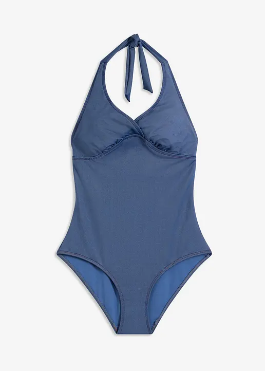 Neckholder-Badeanzug in Jeansoptik in blau von vorne - bonprix