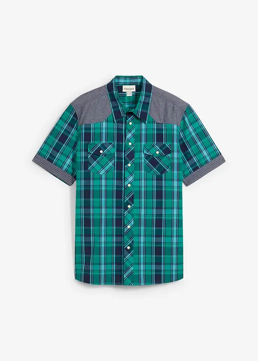 Kurzarmhemd mit Denim-Besatz in grün von vorne - bonprix