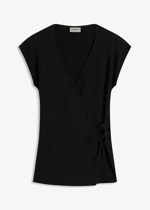 Shirt in Wickeloptik in schwarz von vorne - bonprix