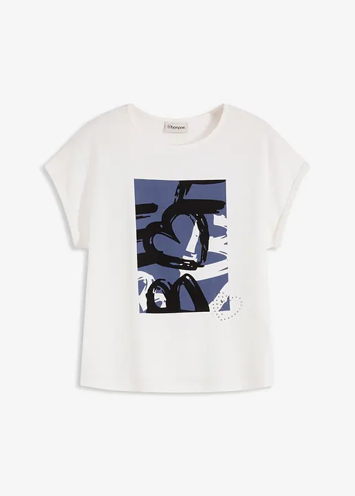 Shirt mit Viskose und Glitzersteinen in weiß von vorne - bonprix