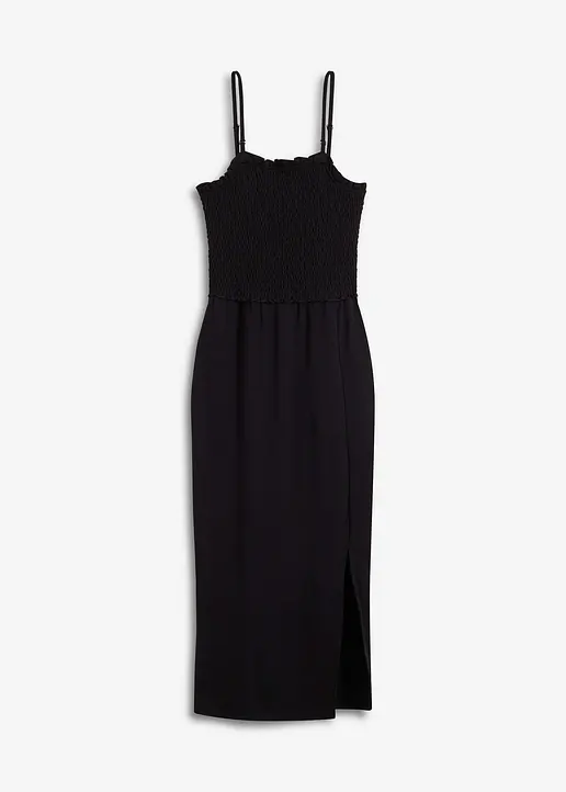 Midikleid aus festem Jersey mit Smockeinsatz und Schlitz in schwarz von vorne - bonprix