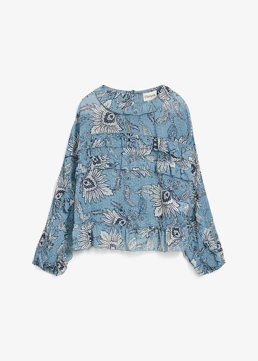 Chiffonbluse mit Rüschen in blau von vorne - bonprix