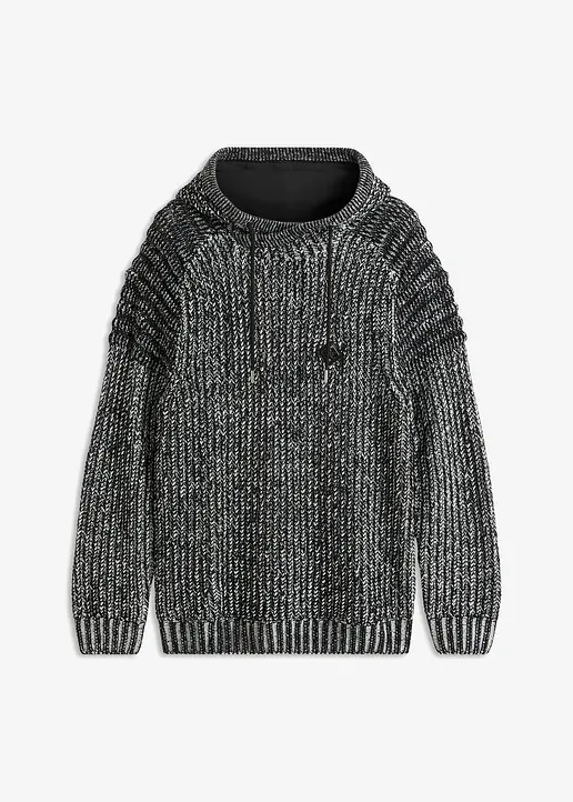 Grobstrick-Pullover mit Kapuze und Bikerdetails in schwarz von vorne - bonprix