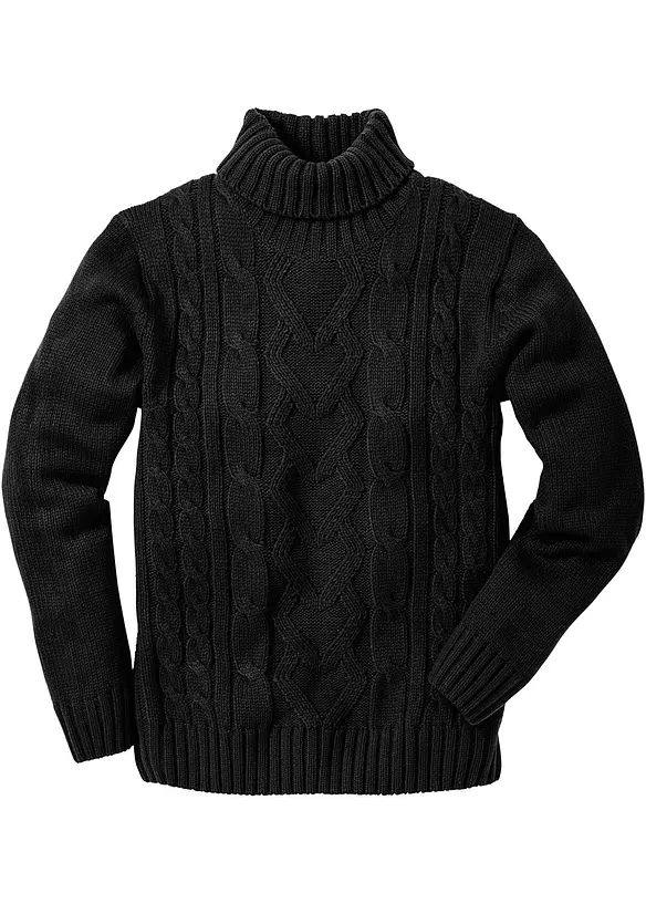 Rollkragenpullover mit Zopfmuster in schwarz von vorne - bonprix