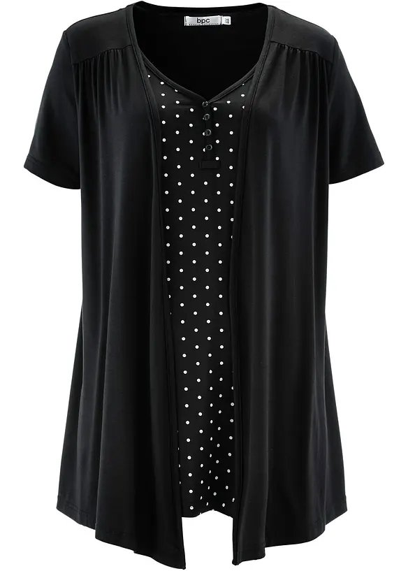 2 in 1 Shirt mit V-Ausschnitt, kurzarm in schwarz von vorne - bonprix