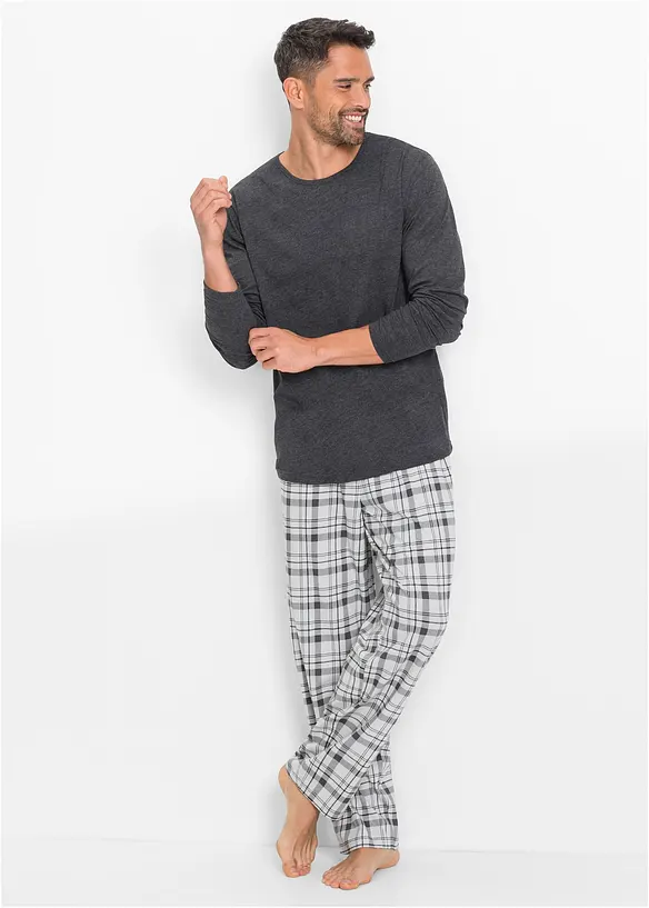 Pyjama mit Bio-Baumwolle mit langen Ärmeln in grau von vorne (Totalaufnahme) - bonprix