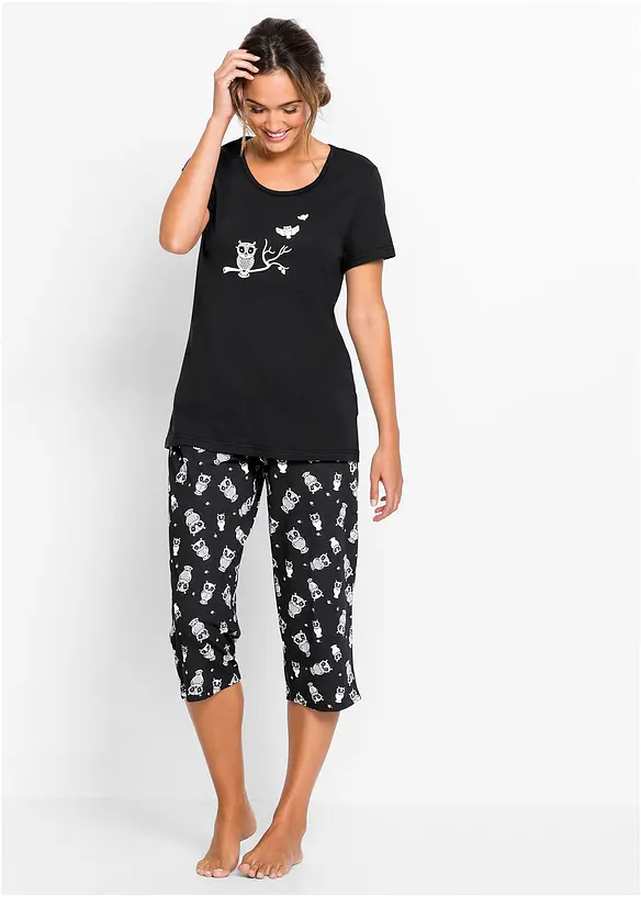 Capri Pyjama mit kurzen Ärmeln in schwarz von vorne (Totalaufnahme) - bonprix