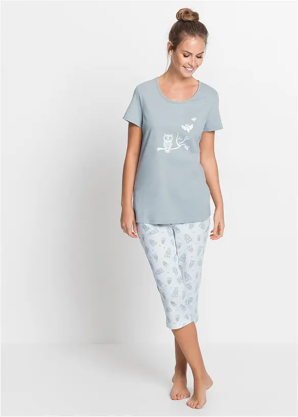 Capri Pyjama mit kurzen Ärmeln in grau von vorne (Totalaufnahme) - bonprix