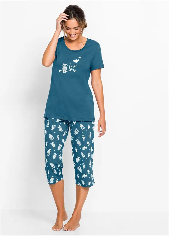 Capri Pyjama mit kurzen Ärmeln in petrol von vorne (Totalaufnahme) - bonprix