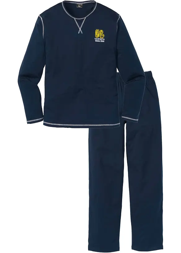 Pyjama aus reiner Baumwolle mit langen Ärmeln. in blau von vorne - bonprix