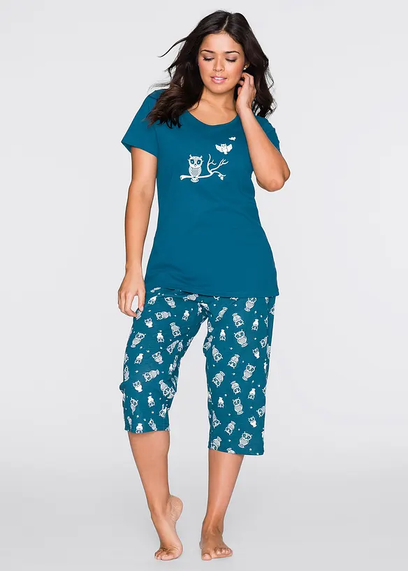 Capri Pyjama mit kurzen Ärmeln in petrol von vorne (Totalaufnahme) - bonprix