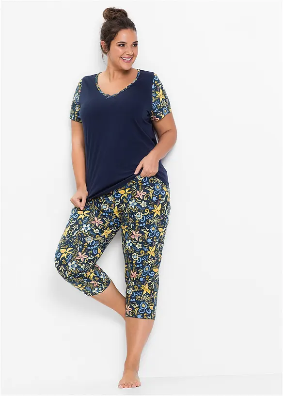Capri Pyjama mit kurzen Ärmeln aus reiner Baumwolle in blau von vorne (Totalaufnahme) - bonprix