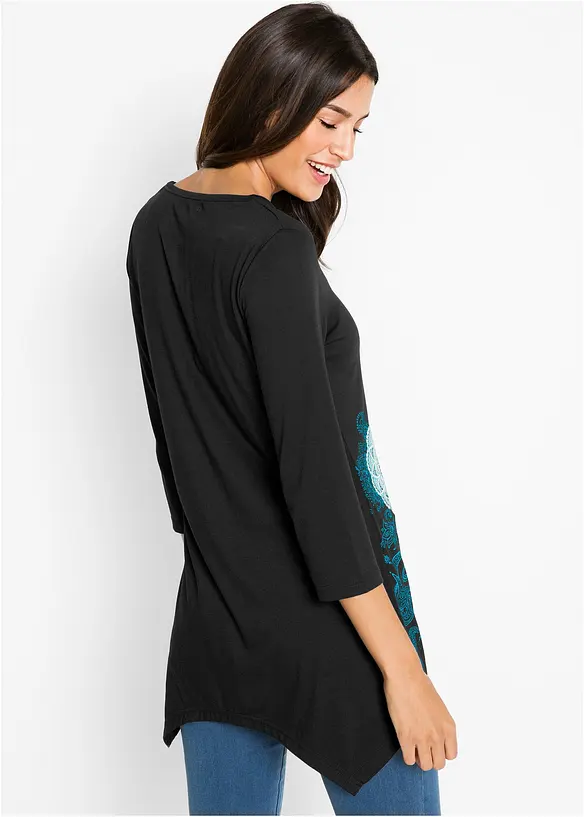 Zipfel-Longshirt mit V-Ausschnitt, 3/4-Arm in schwarz von hinten (im Anschnitt) - bonprix