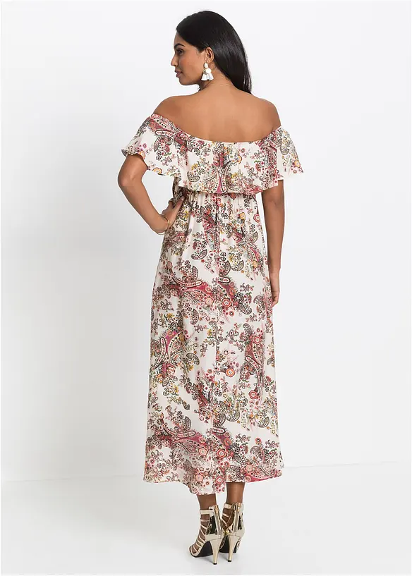 Carmen-Kleid aus fließender Viskose in beige von hinten (Totalaufnahme) - bonprix Carmen-Kleid aus fließender Viskose in beige von hinten (Totalaufnahme) - bonprix