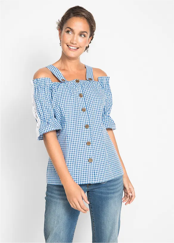 Trachtenbluse mit halbem Arm in blau von vorne (im Anschnitt) - bonprix