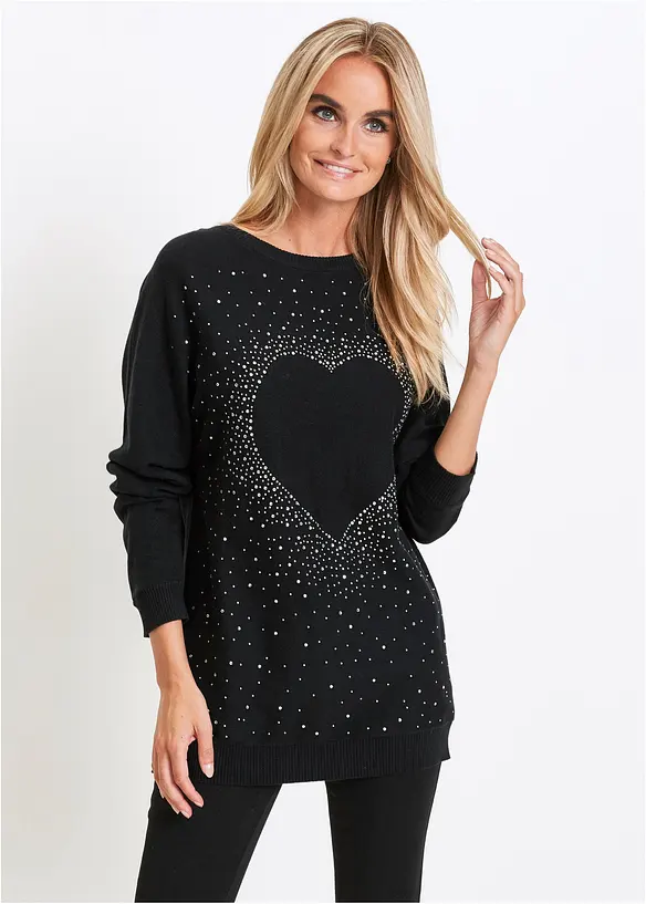 Long-Pullover aus Baumwoll-Mix in schwarz von vorne (im Anschnitt) - bonprix