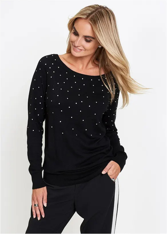 Long-Pullover mit Glitzersteinen in schwarz von vorne (im Anschnitt) - bonprix