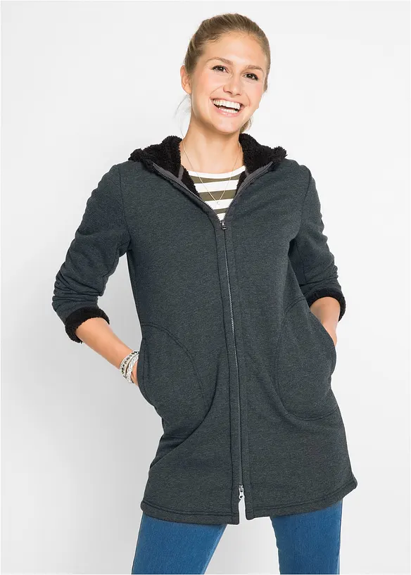 Kapuzen-Sweatjacke mit Teddyfell in grau von vorne (im Anschnitt) - bonprix