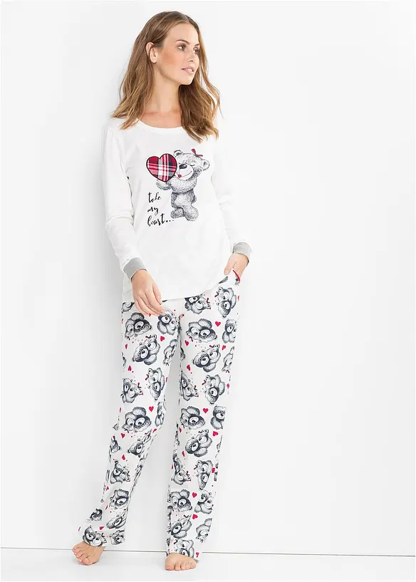 Pyjama mit Flanellapplikation in weiß von vorne (Totalaufnahme) - bonprix