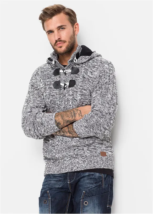 Grobstrick-Kapuzenpullover in Regular Fit in schwarz von vorne (im Anschnitt) - bonprix
