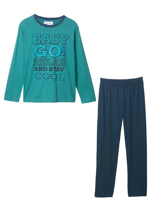Pyjama aus reiner Baumwolle in petrol von vorne - bonprix