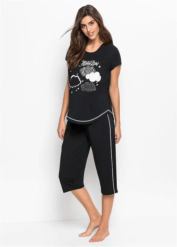 Capri Pyjama aus reiner Bio-Baumwolle in schwarz von vorne (Totalaufnahme) - bonprix